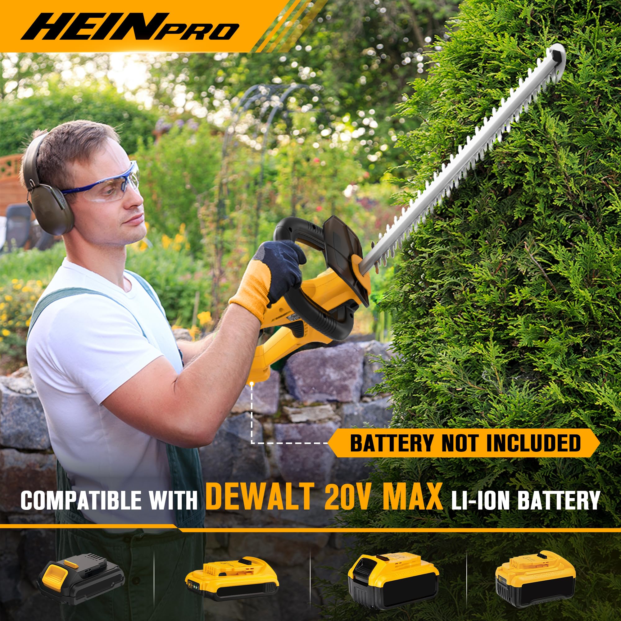 HEINPRO hedge trimmer compatible with DeWALT 20V MAX batteries for flexible power