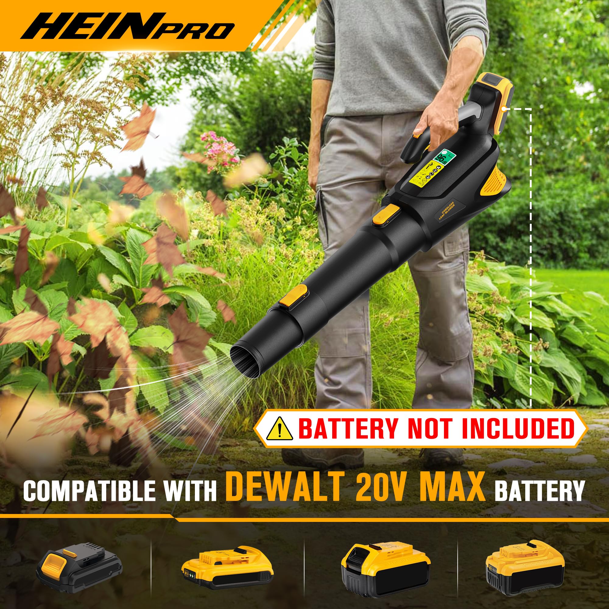 HEINPRO blower shown with DeWALT 20V battery compatibility for flexible power options.
