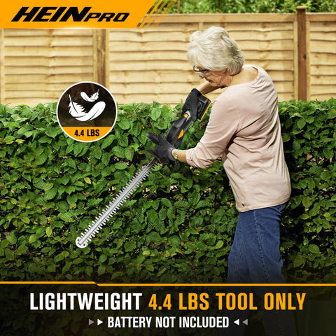 HEINPRO hedge trimmer showing 180-degree rotating rear handle for comfort.