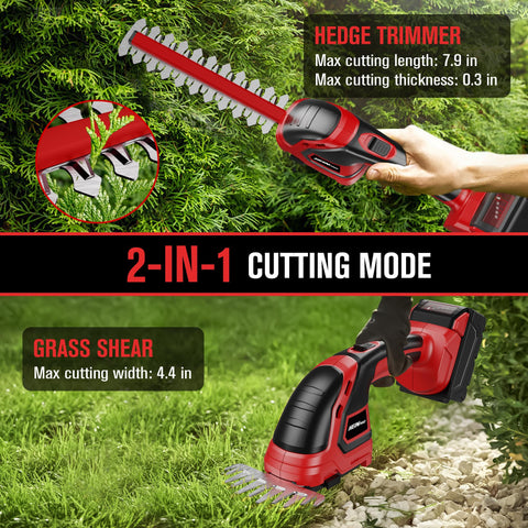 HEINPRO hedge trimmer compatible with Milwaukee M18 batteries for flexible power options.