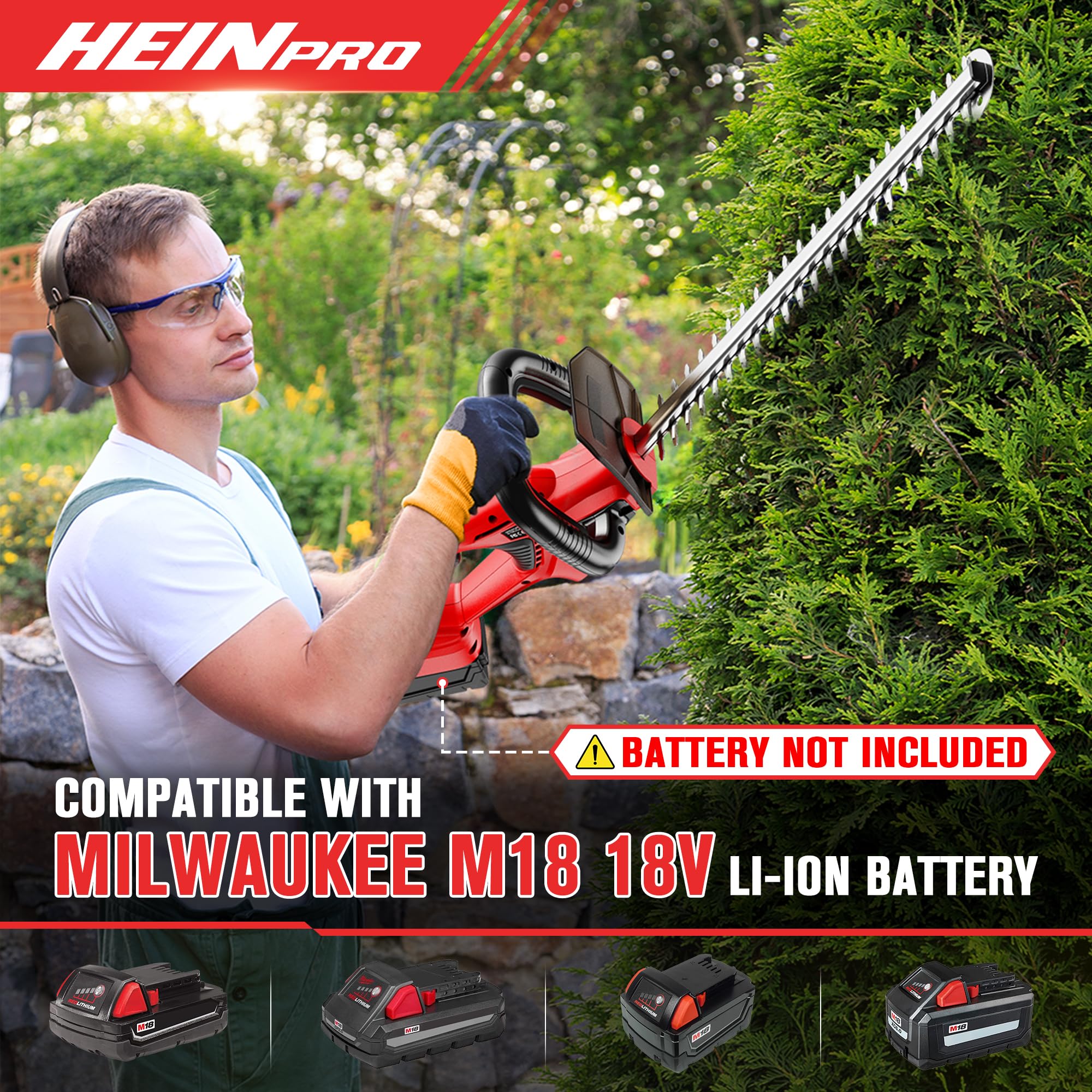 HEINPRO hedge trimmer shown with Milwaukee battery compatibility.