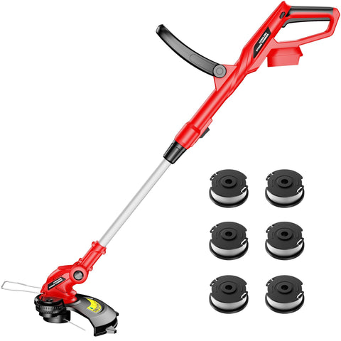 HEINPRO weed eater shows Milwaukee M18 battery-slot compatibility for flexible power.