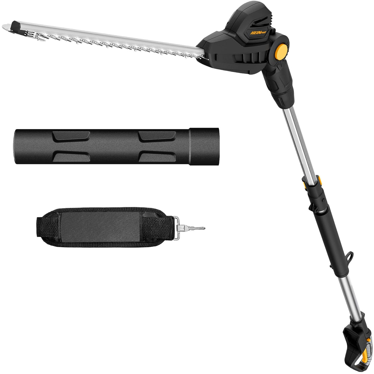 HEINPRO pole hedge trimmer with an 18-inch laser-cut blade for precise cuts.