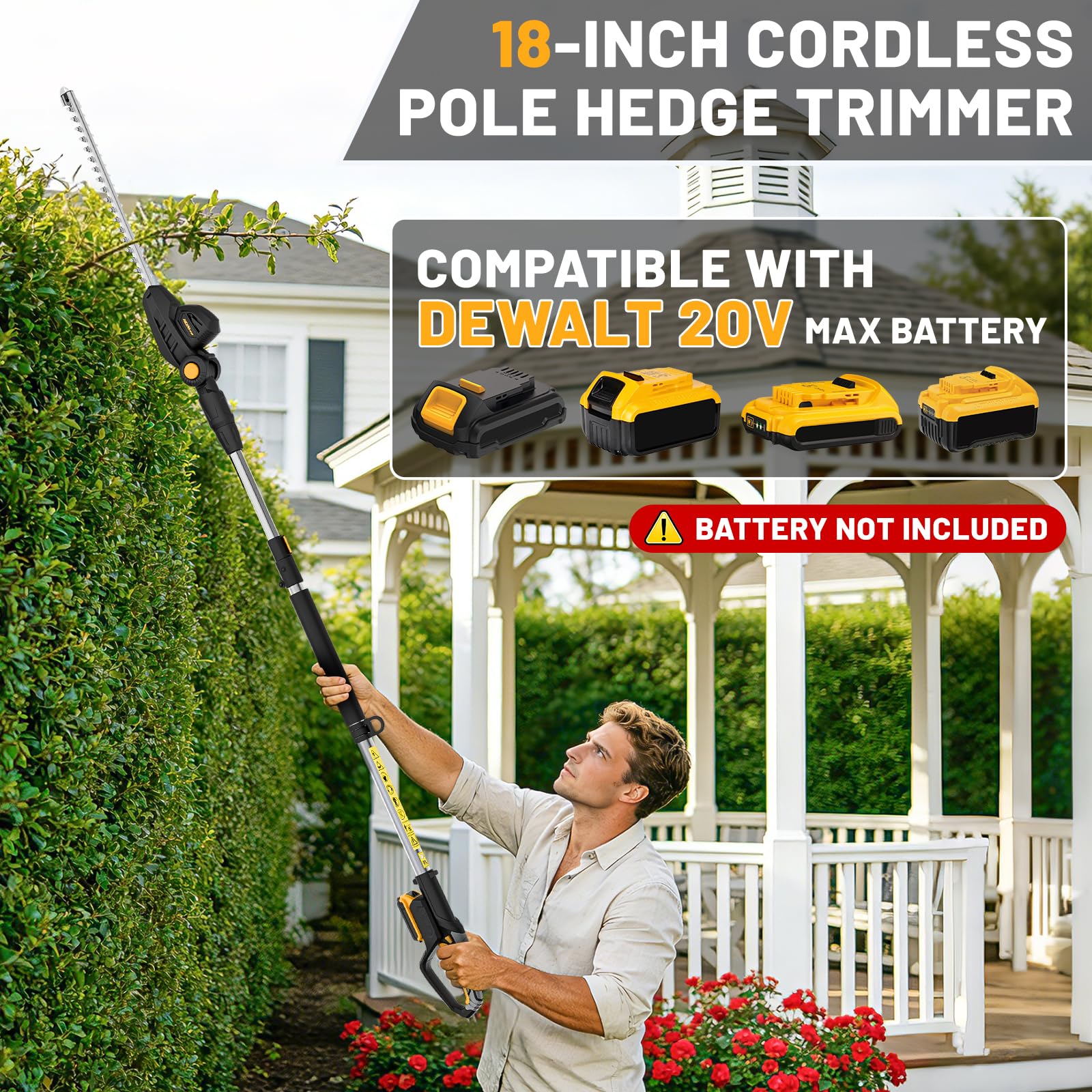 HEINPRO hedge trimmer on extended pole enables reaching tall hedges with ease.