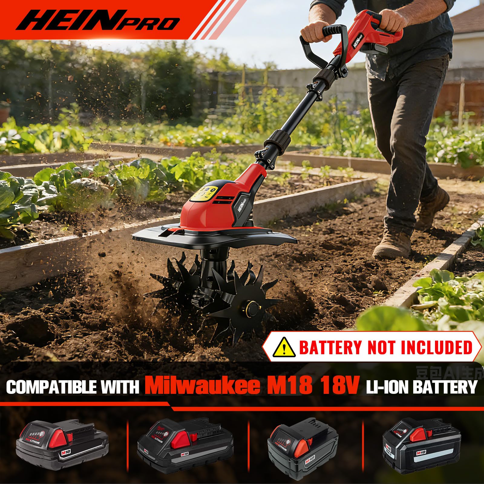 HEINPRO tiller spinning at 360 RPM for fast soil prep in small beds.