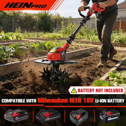 HEINPRO tiller spinning at 360 RPM for fast soil prep in small beds.