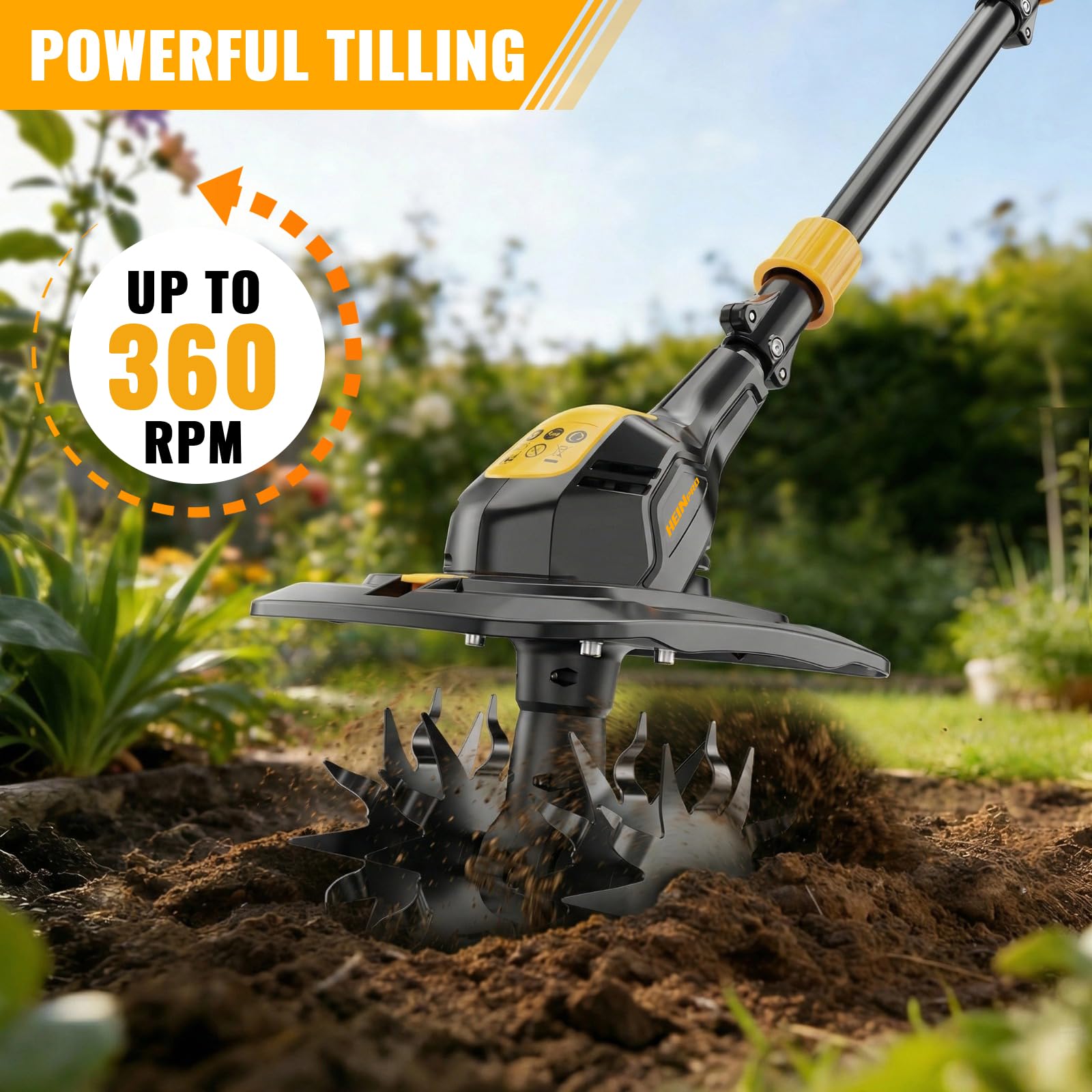HEINPRO tiller shows 9-inch width and 7-inch depth for precise soil work.