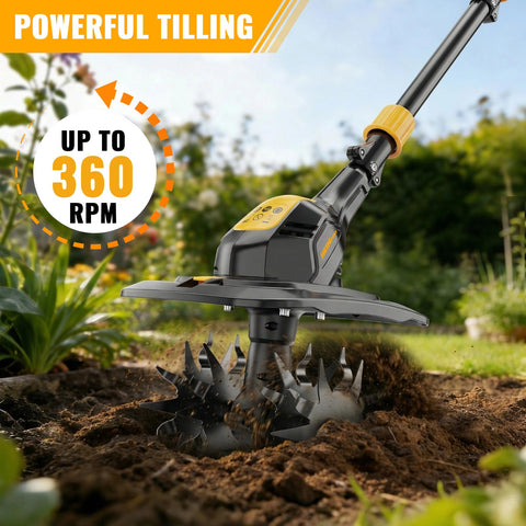 HEINPRO tiller shows 9-inch width and 7-inch depth for precise soil work.