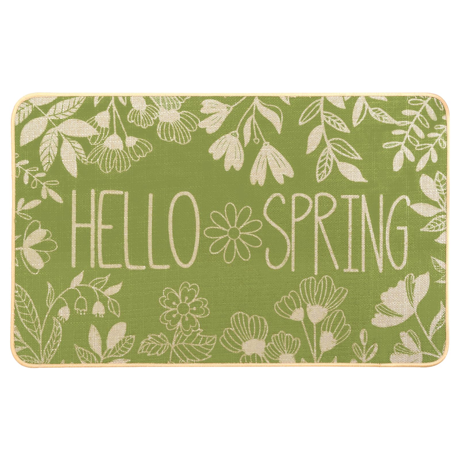 Heirloom Haven Hello Spring door mat with botanical pattern, perfect for welcoming guests and scraping dirt.