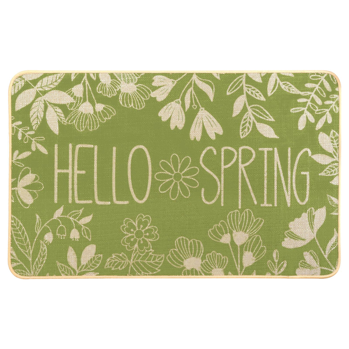 Heirloom Haven Hello Spring door mat with botanical pattern, perfect for welcoming guests and scraping dirt.