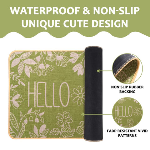 Heirloom Haven Hello Spring door mat with non-slip back enhances safety and placement stability.