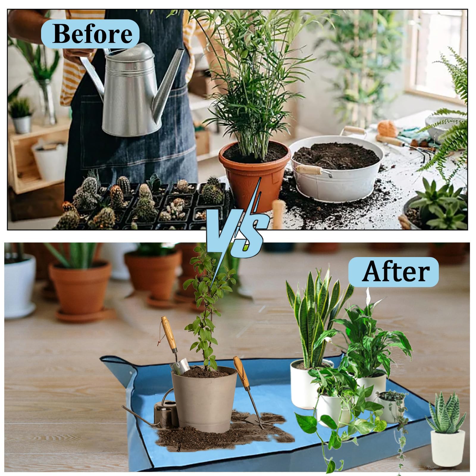HejVulkan extra-large repotting mat blue keeps soil contained during indoor gardening.