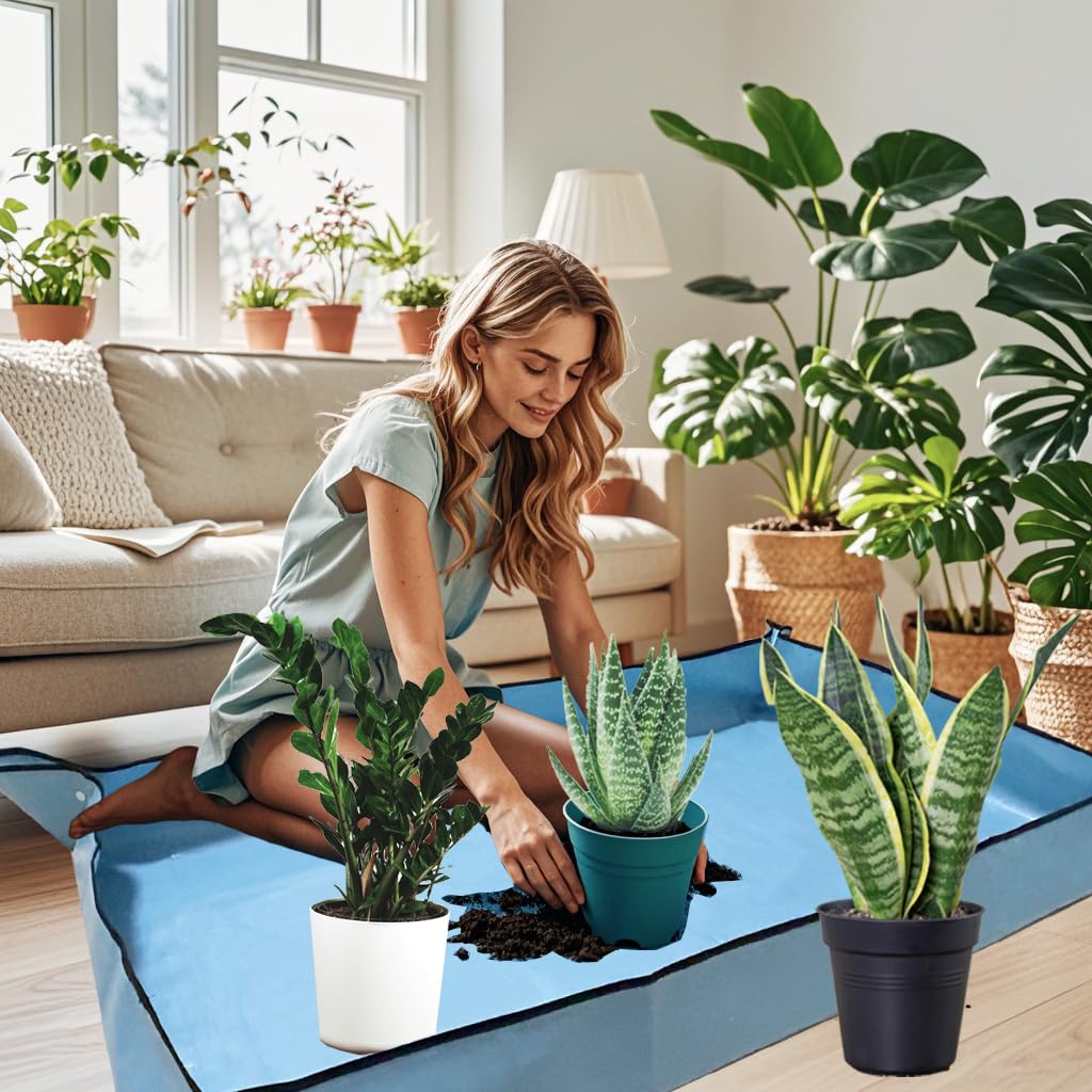 HejVulkan leakproof repotting mat blue prevents spills and keeps work area tidy.