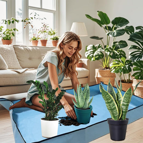 HejVulkan leakproof repotting mat blue prevents spills and keeps work area tidy.