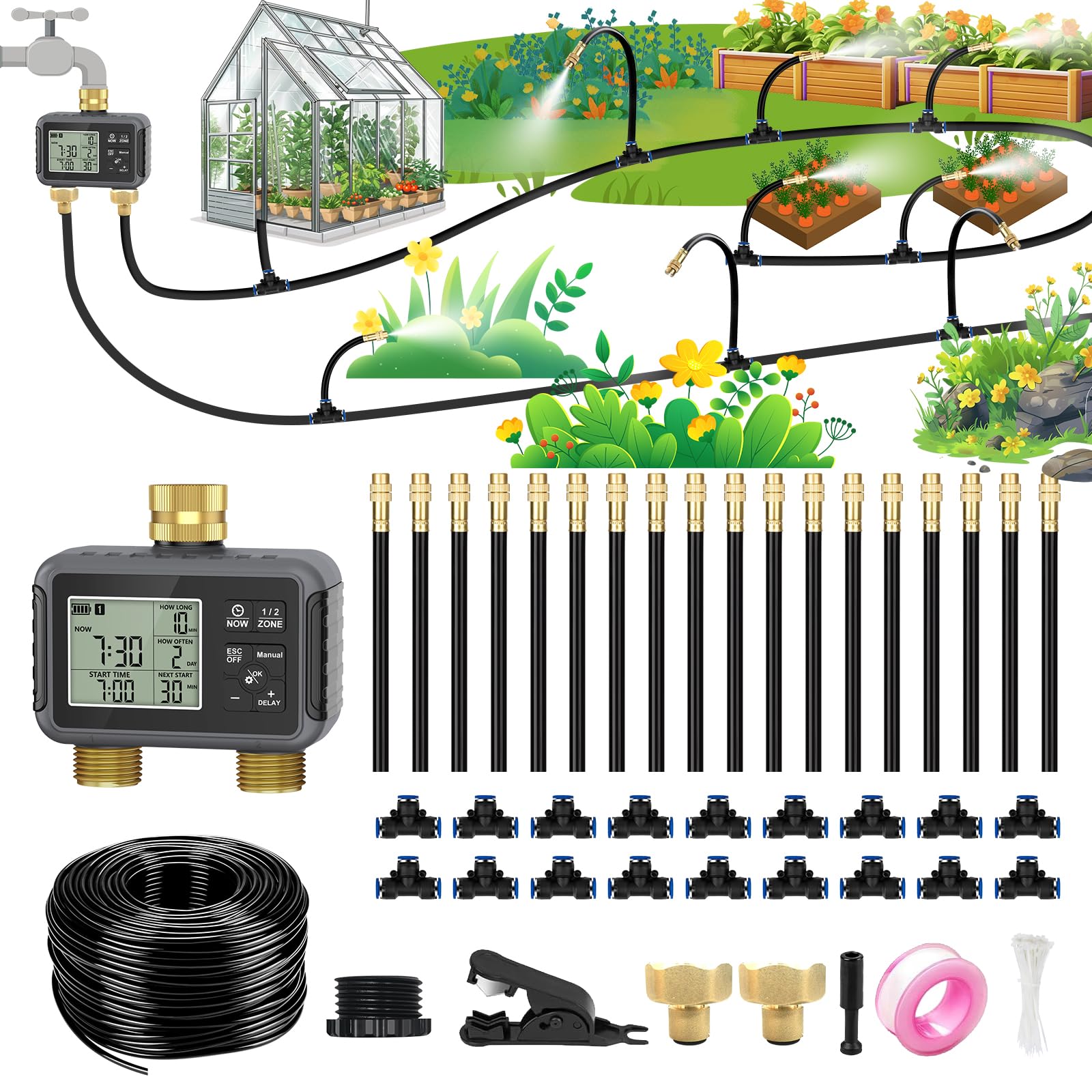 HEKIWAY 120ft drip irrigation system front view with durable brass fittings.