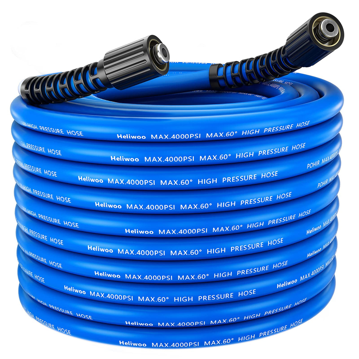 Heliwoo 25ft pressure washer hose showing kink-resistant design for smooth water flow.