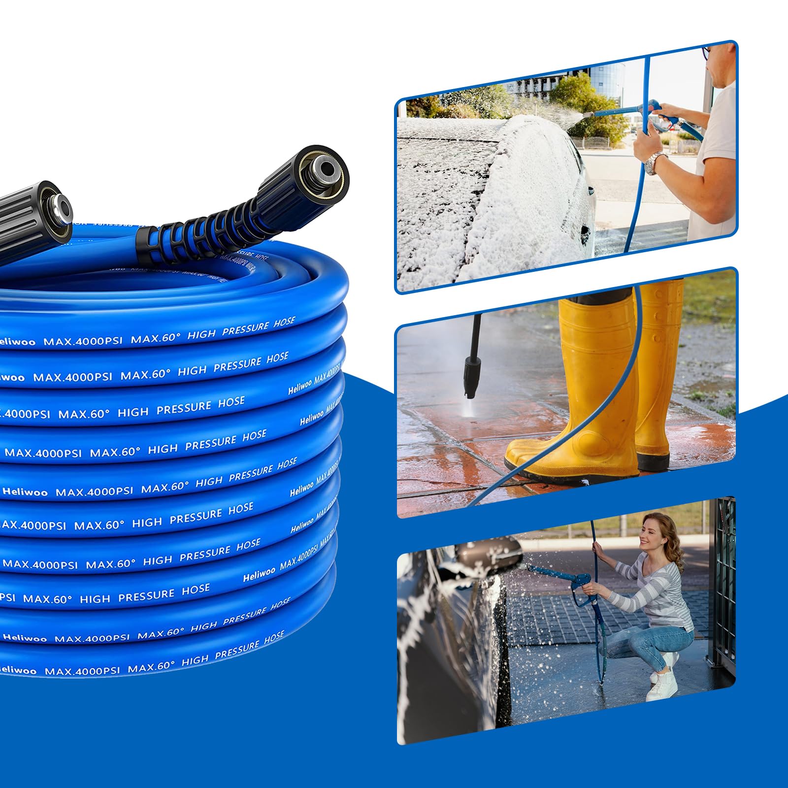 Heliwoo hose in use cleans cars, driveways, and windows.