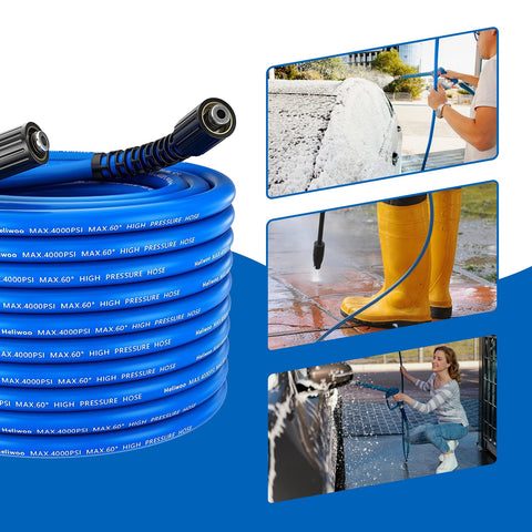 Heliwoo hose in use cleans cars, driveways, and windows.