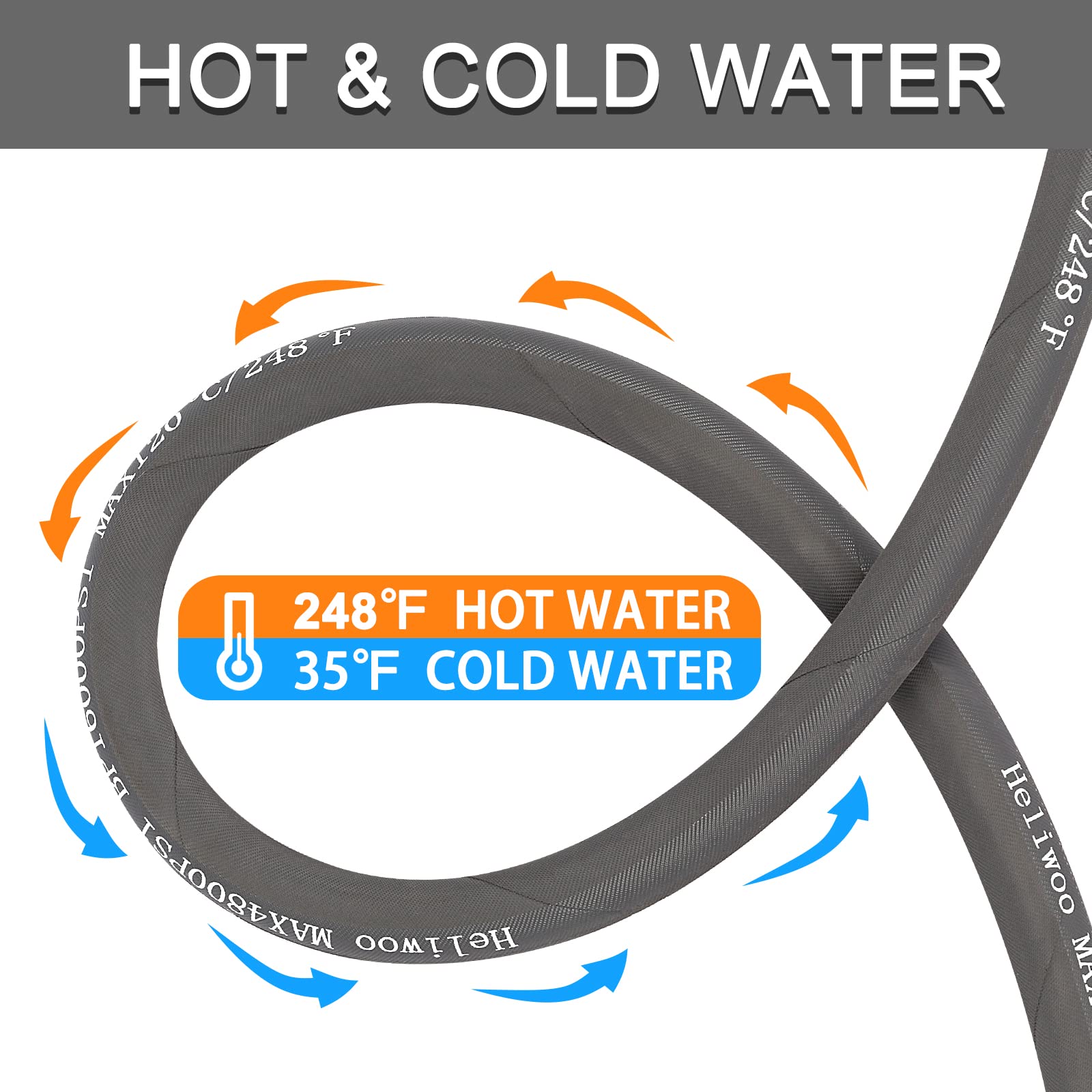 Heliwoo hose supports hot and cold water workflow up to 248°F.