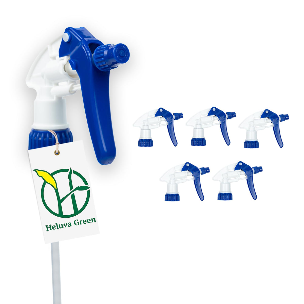 Heluva Green blue spray nozzle top in packaging; easy replacement for standard bottles.