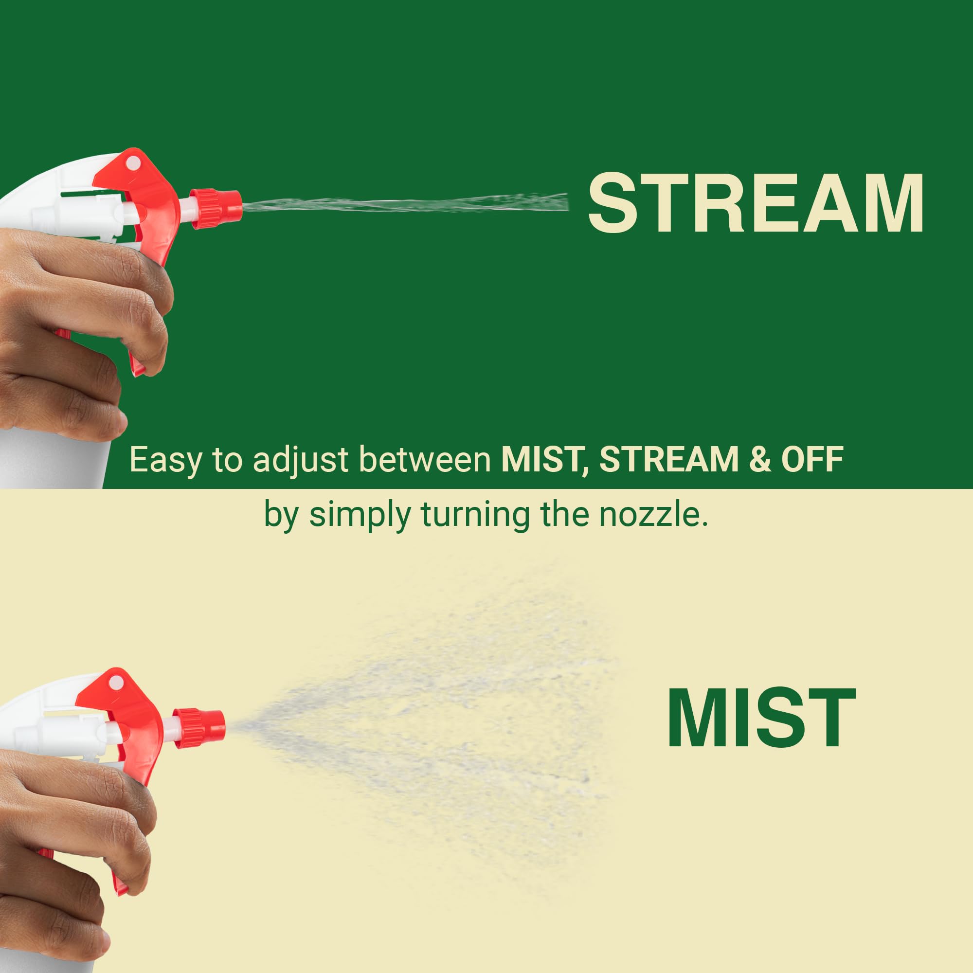 Close-up of adjustable nozzle on Heluva Green sprayer showing settings.