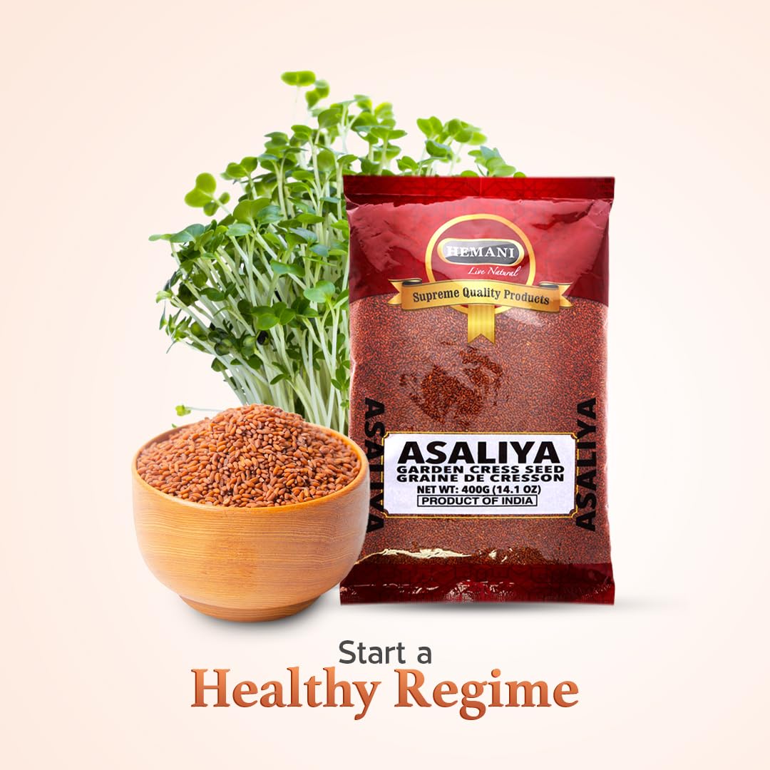 Hemani halal-certified label on cress seeds packaging highlighting natural vegetarian staple.