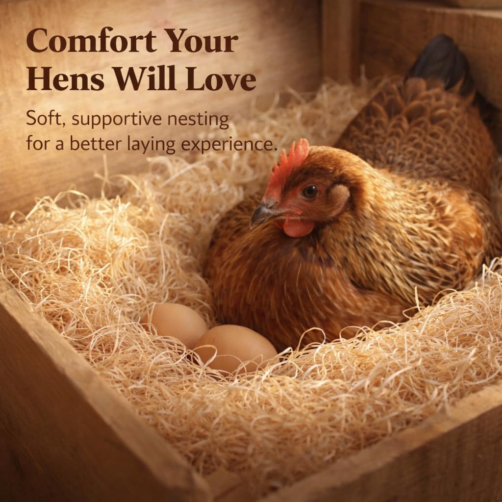 Hen Comfort USA-made Aspen Excelsior fiber with kraft backing supports a natural nesting feel.