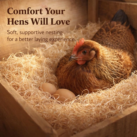 Hen Comfort USA-made Aspen Excelsior fiber with kraft backing supports a natural nesting feel.