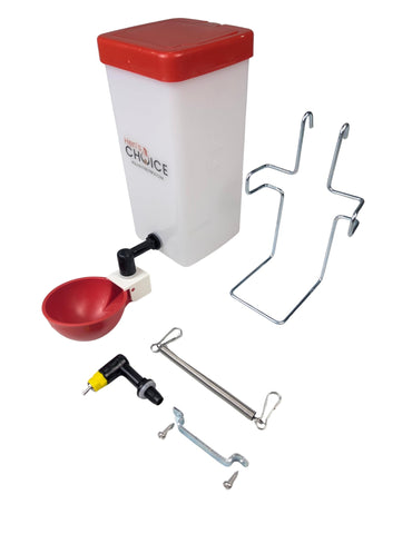 Hen's Choice 1L drinker with cup, nipple and red lid for easy access.