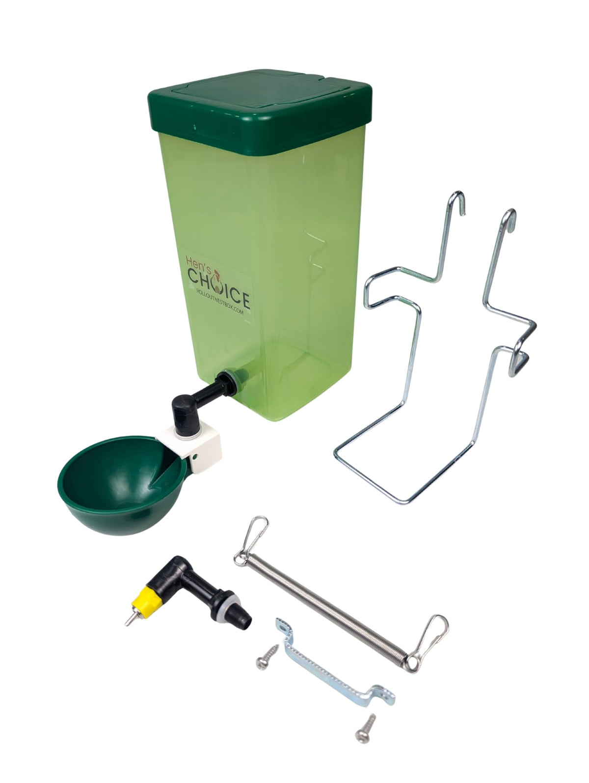 Hen's Choice 1L drinker cup-nipple-wire-bracket for secure cage mounting and steady hydration.
