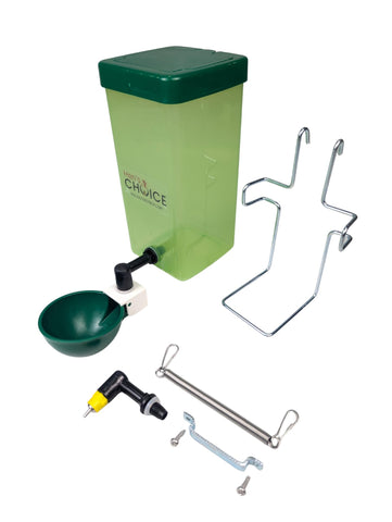 Hen's Choice 1L drinker cup-nipple-wire-bracket for secure cage mounting and steady hydration.
