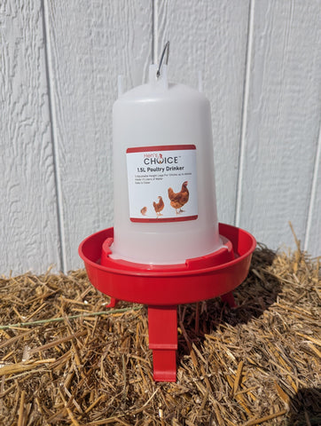 Hen's Choice hangable feeder and drinker simplify transport and positioning.