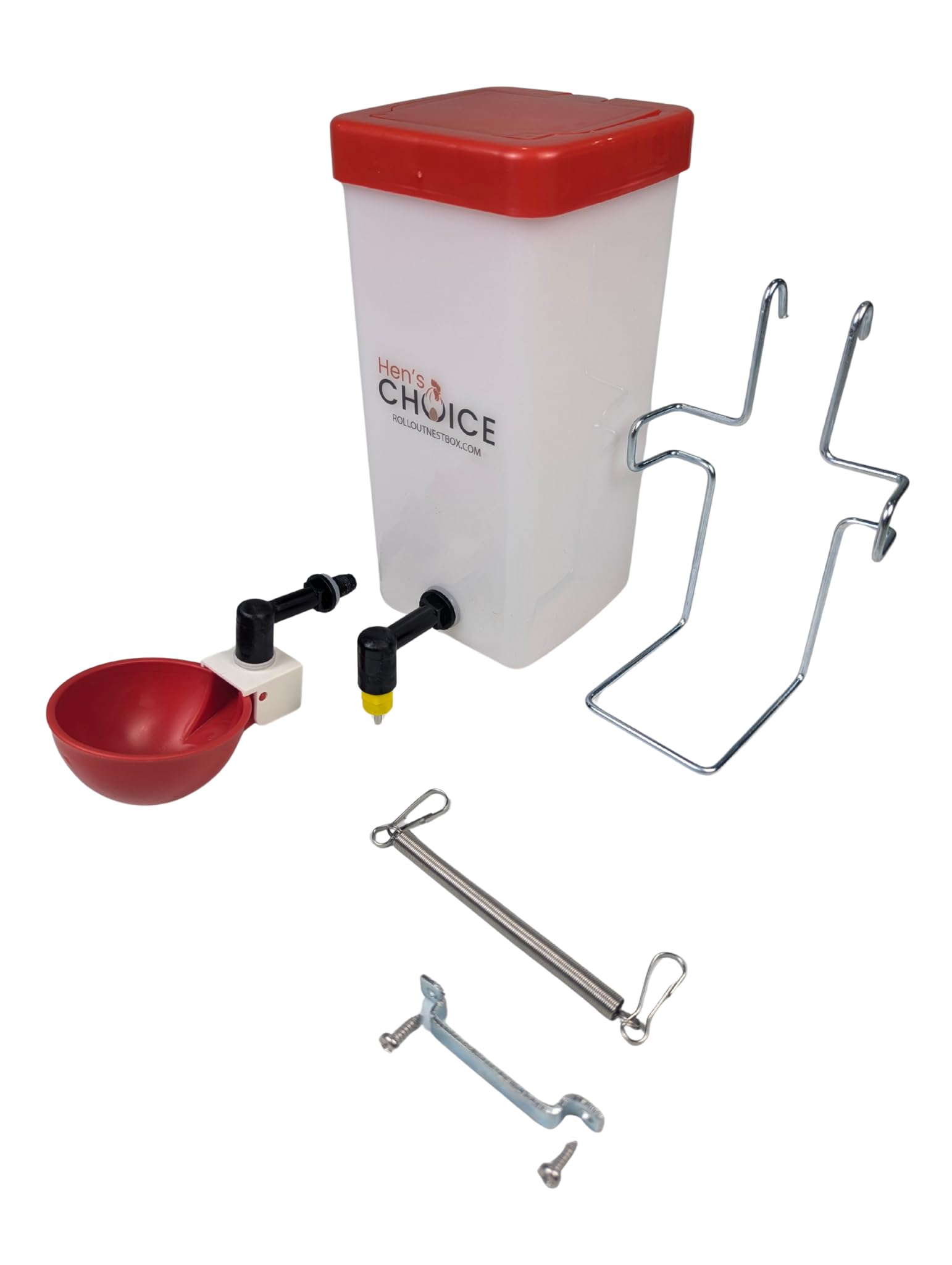 Hen's Choice drinker can mount inside or outside the cage for versatility.