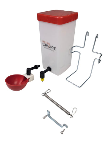 Hen's Choice drinker can mount inside or outside the cage for versatility.