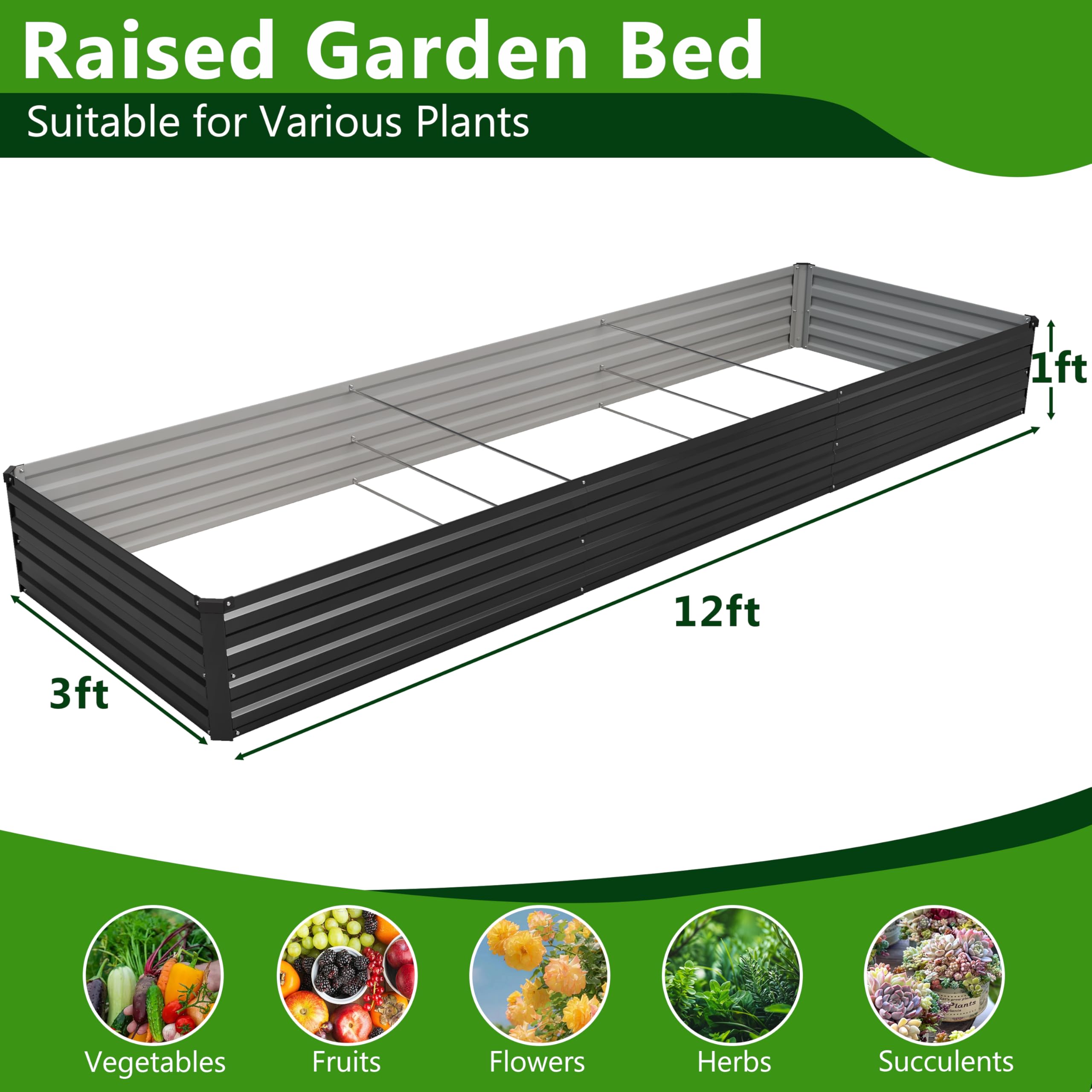 Henshwon galvanized raised bed 12x3x1ft side detail showing sturdy construction.