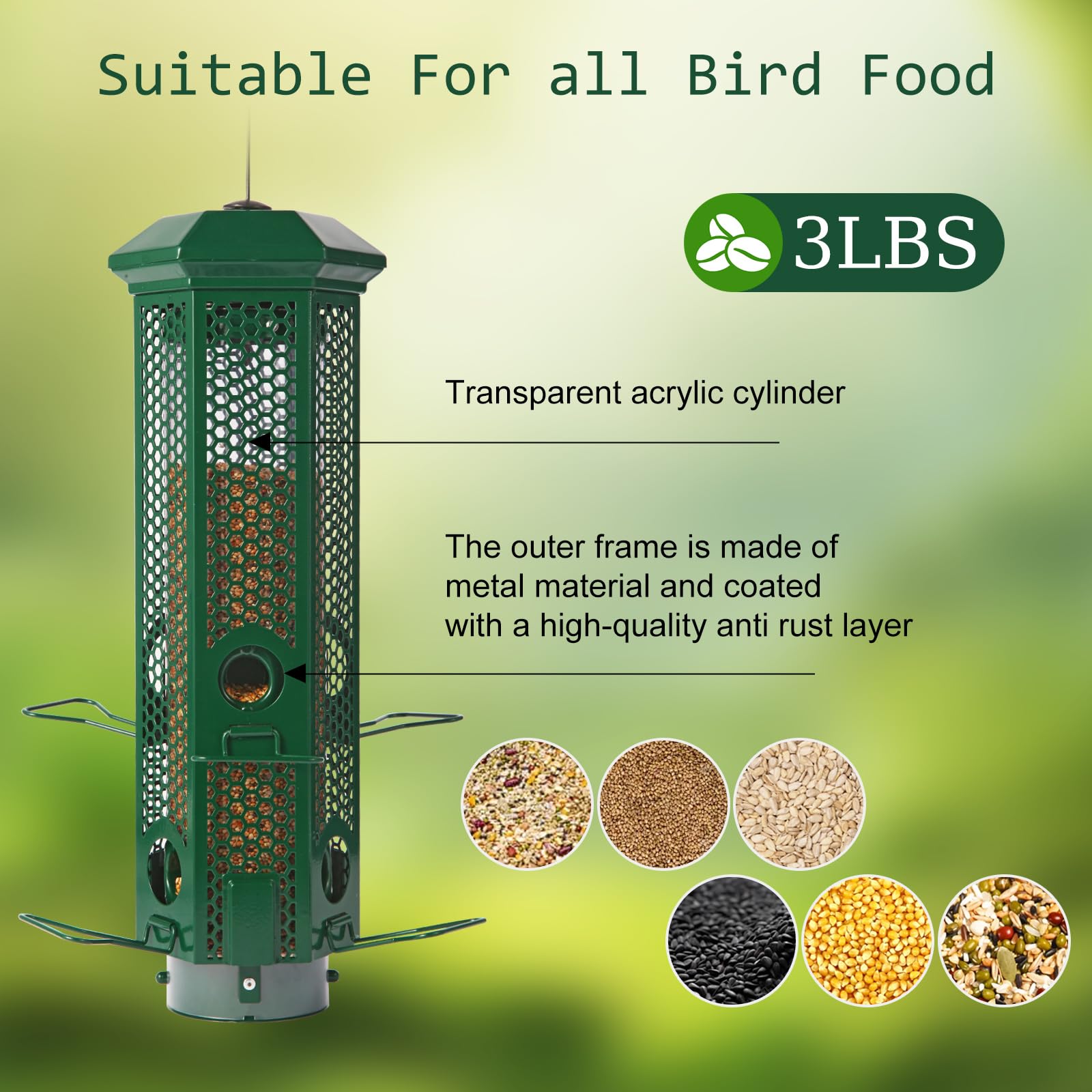 3 lb seed capacity reduces refills and supports longer birdwatching sessions