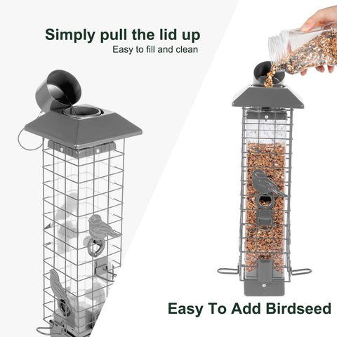 Four feeding ports with U-shaped perches support multiple birds feeding together.