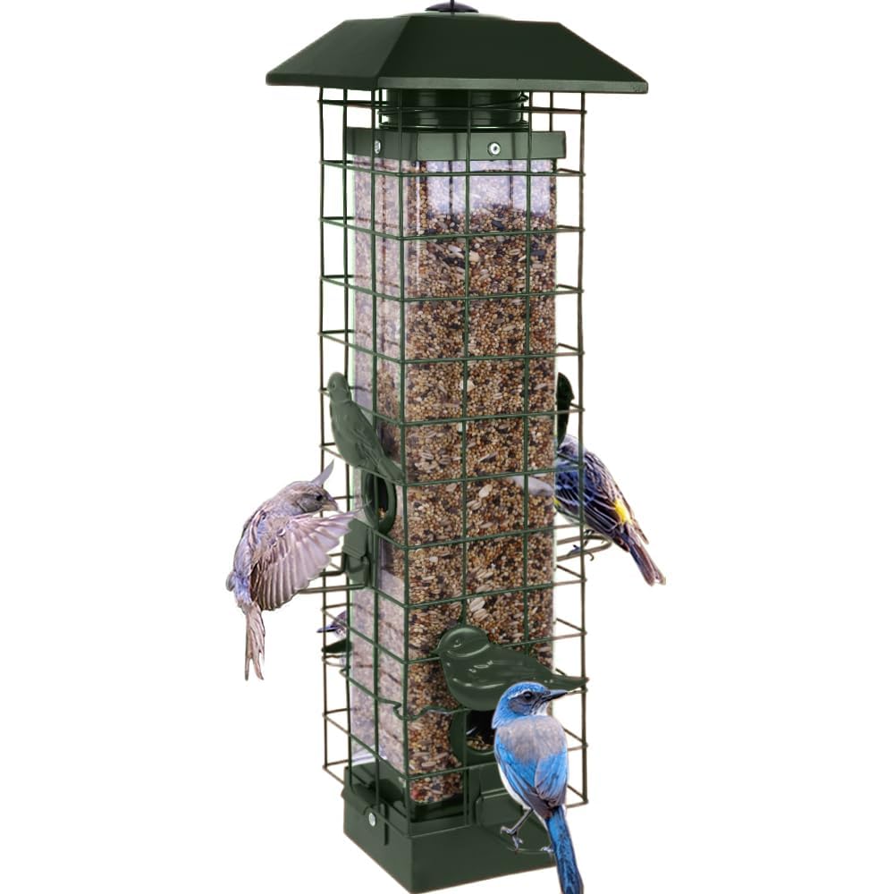 Henzavk squirrel-proof bird feeder outdoors with four ports for steady visits.