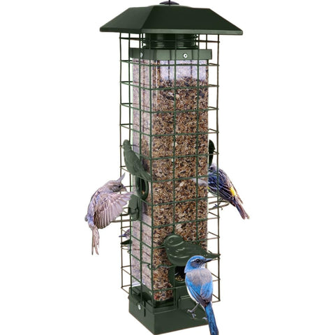 Henzavk squirrel-proof bird feeder outdoors with four ports for steady visits.