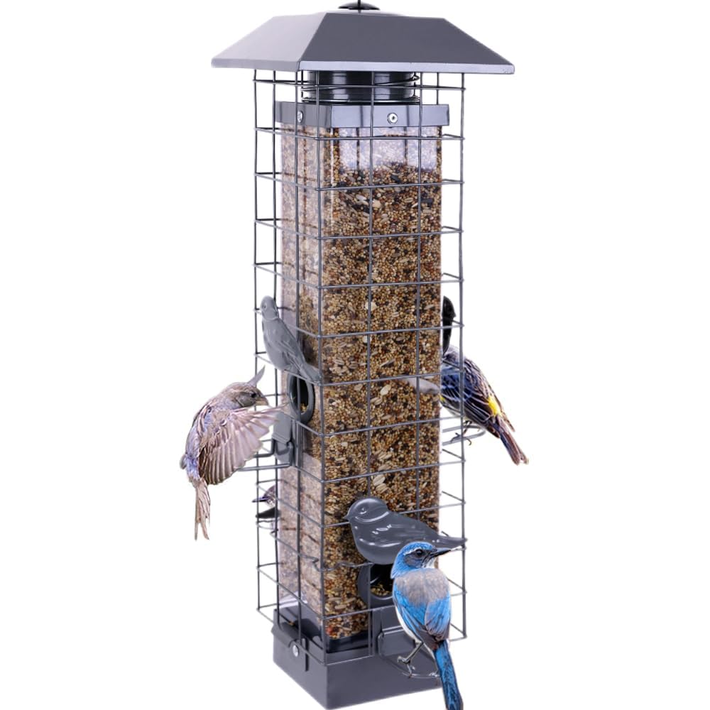 Henzavk squirrel-proof bird feeder exterior with four ports for multiple birds, designed to deter squirrels.