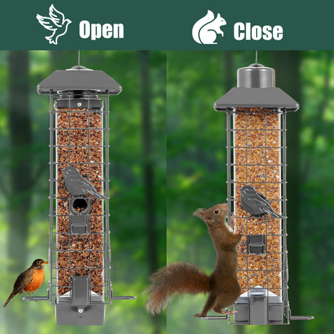 Weight-activated cover closes the ports when a squirrel climbs, protecting seed for birds.