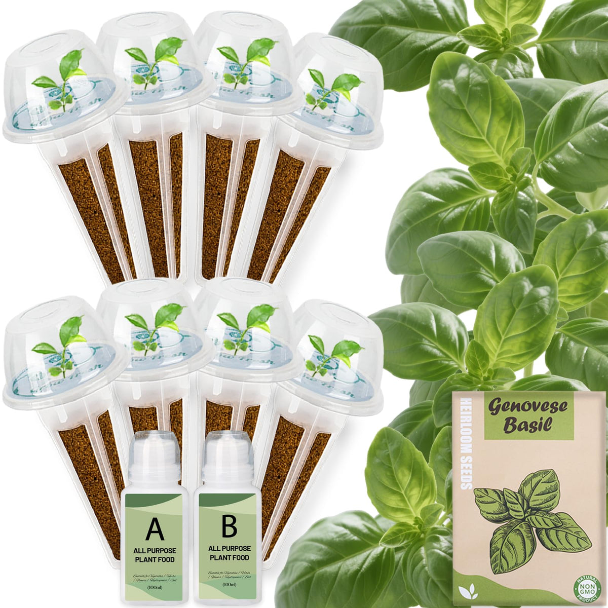 Herblink Basil Seed Pods Kit contents show eight components for indoor growing.