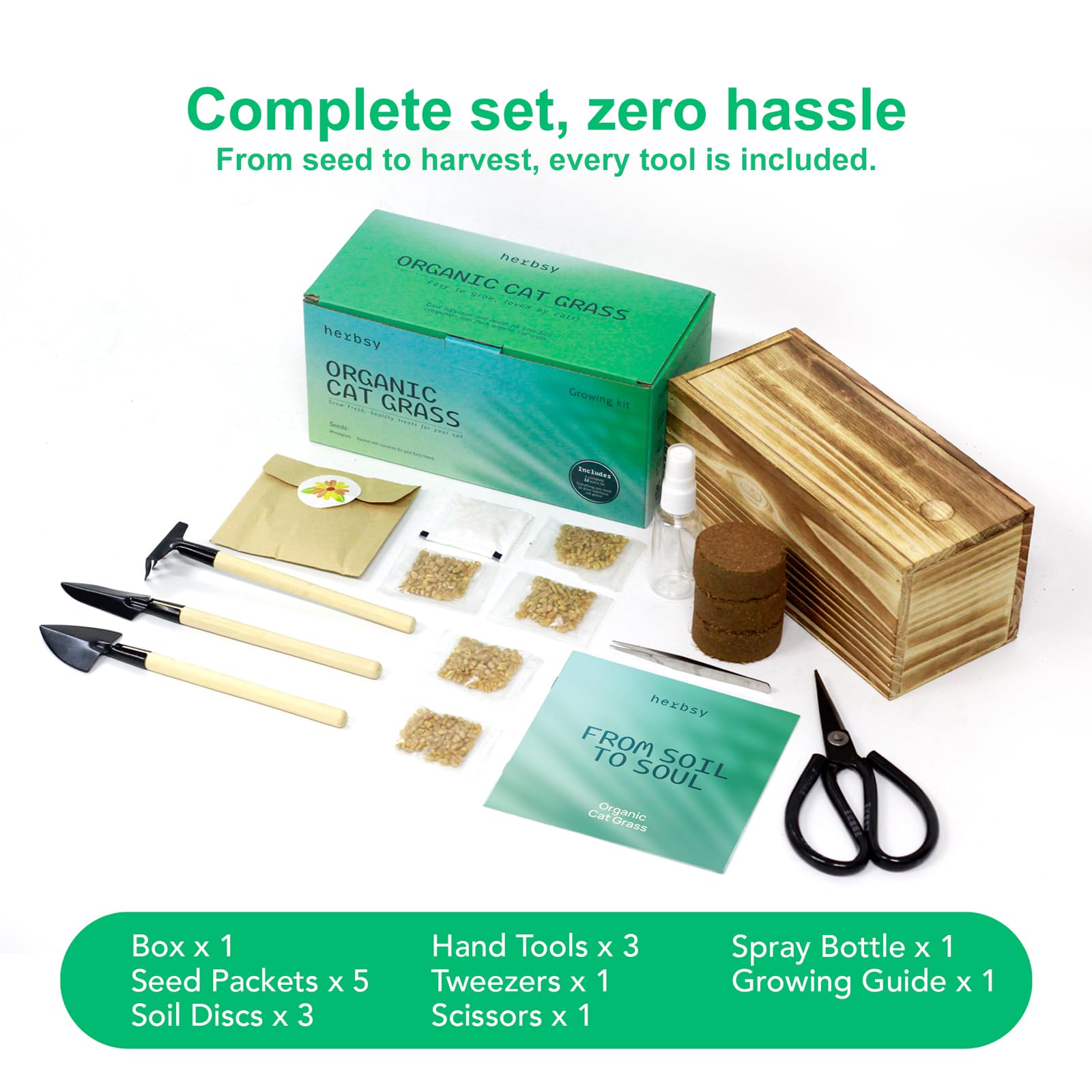 Herbsy cat grass kit scissors clean trimming of tender shoots for neat growth.