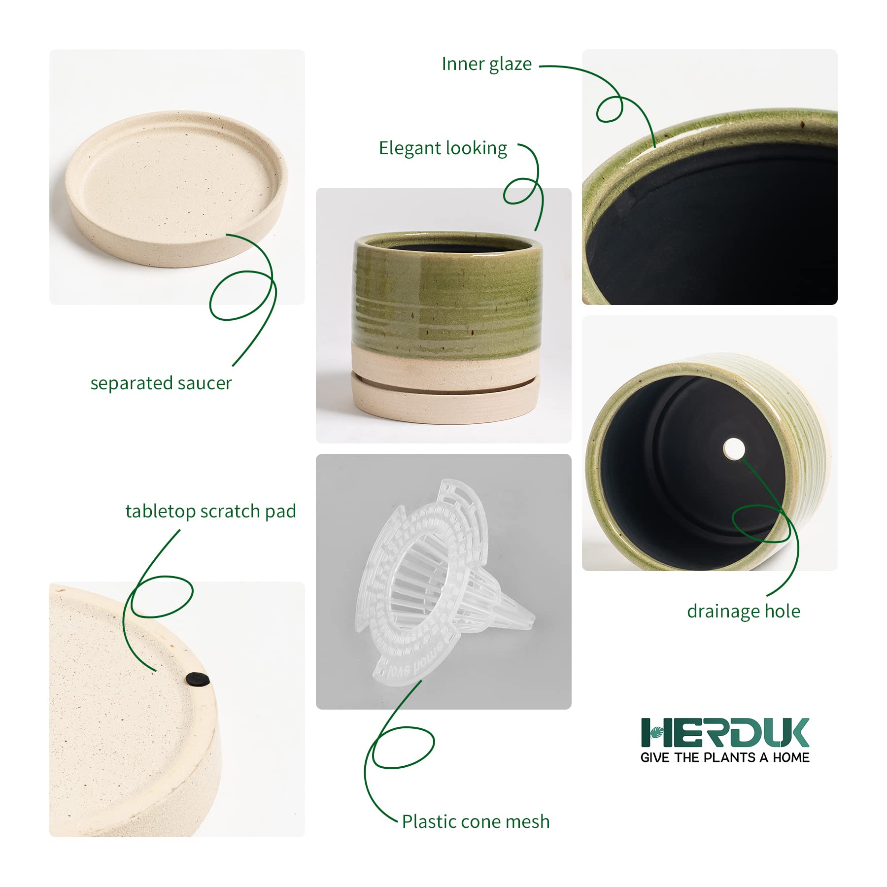 HERDUK 8 inch planter showing drainage hole and saucer for easy care.