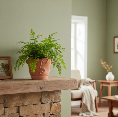 HERDUK boho decor setup with plant in abstract face planter