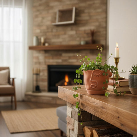 HERDUK indoor plant display on shelf featuring abstract face pot