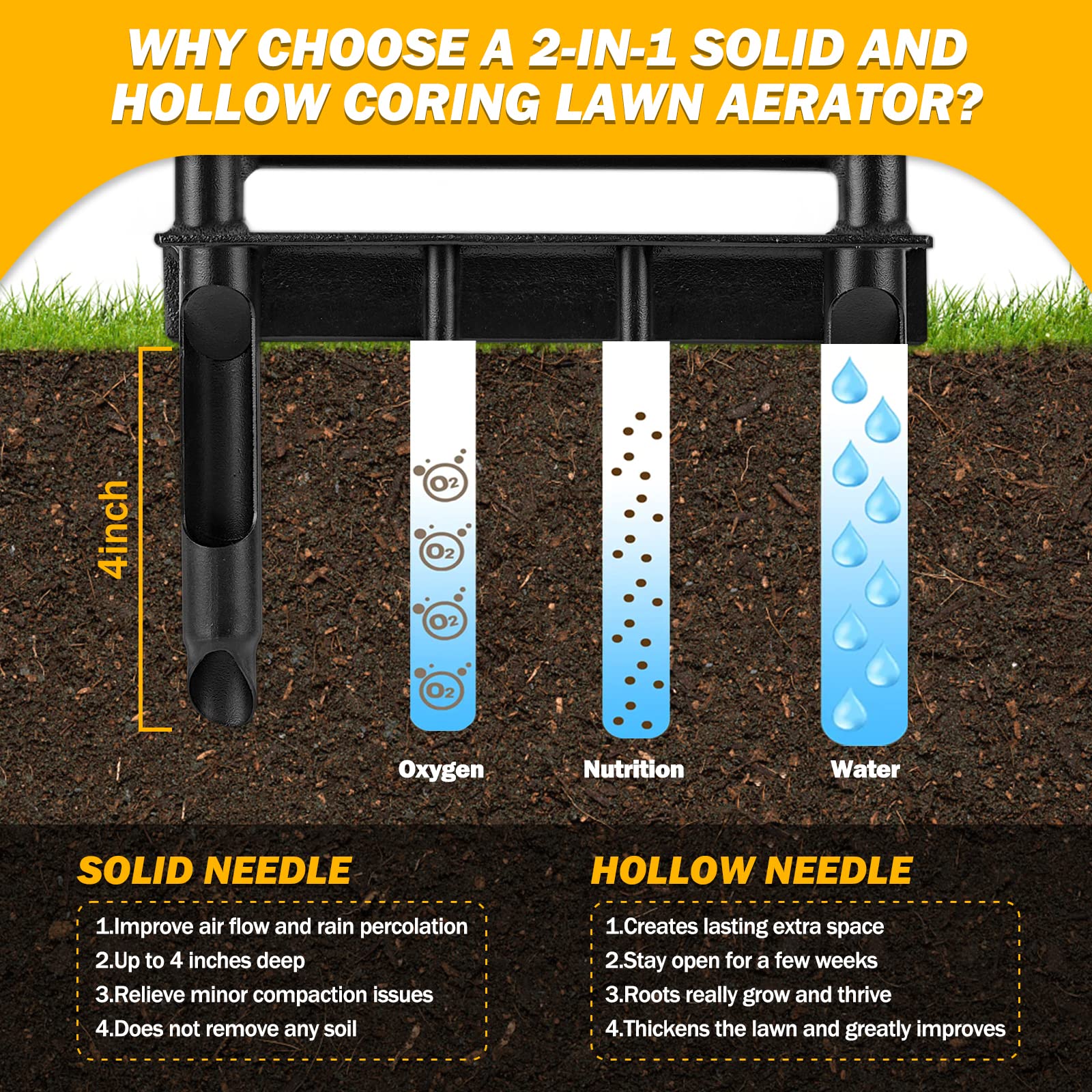 Hermsche lawn aerator with padded handles and footpads for comfortable operation