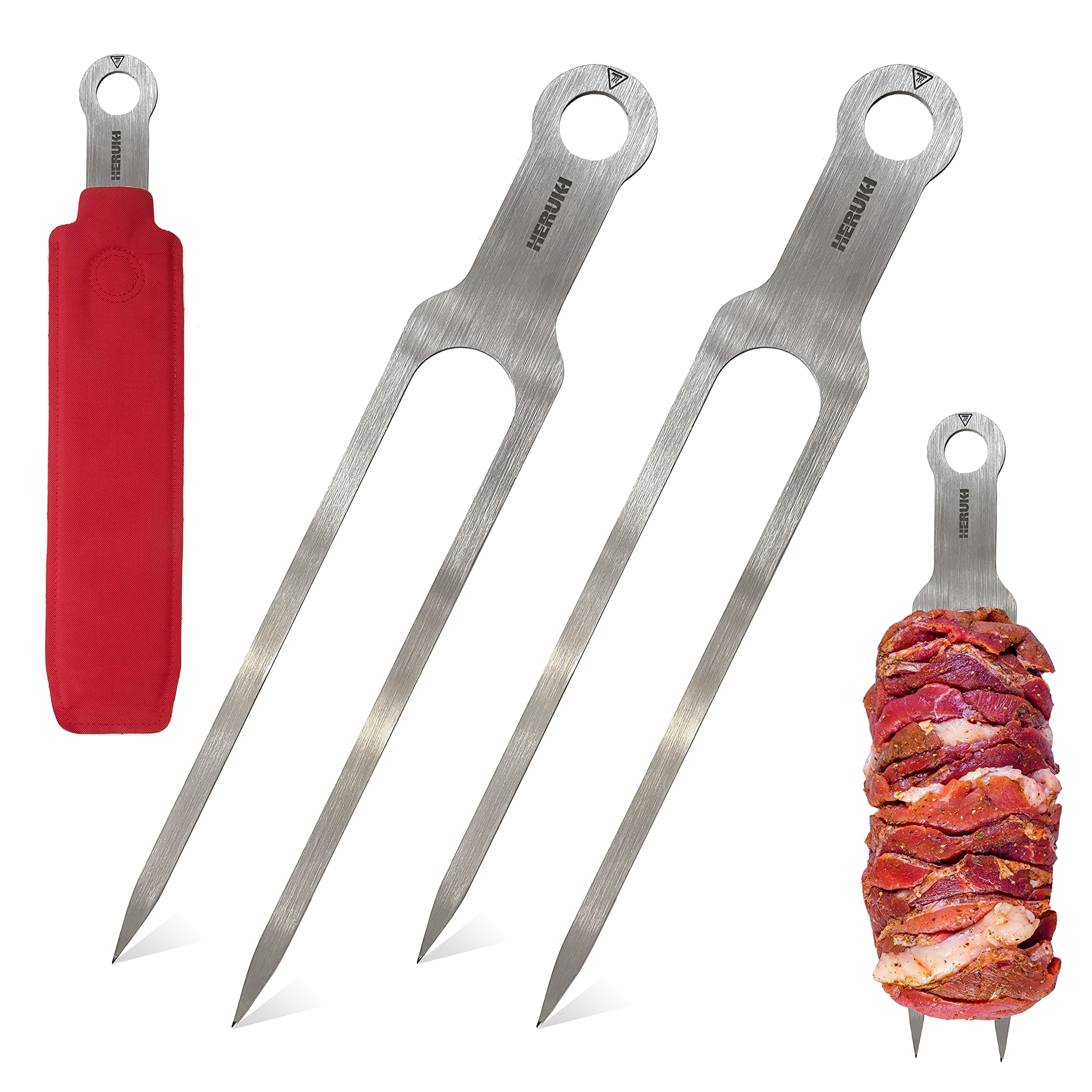 HERUKI double skewers 14.4 inch long with dual prongs for large meat portions