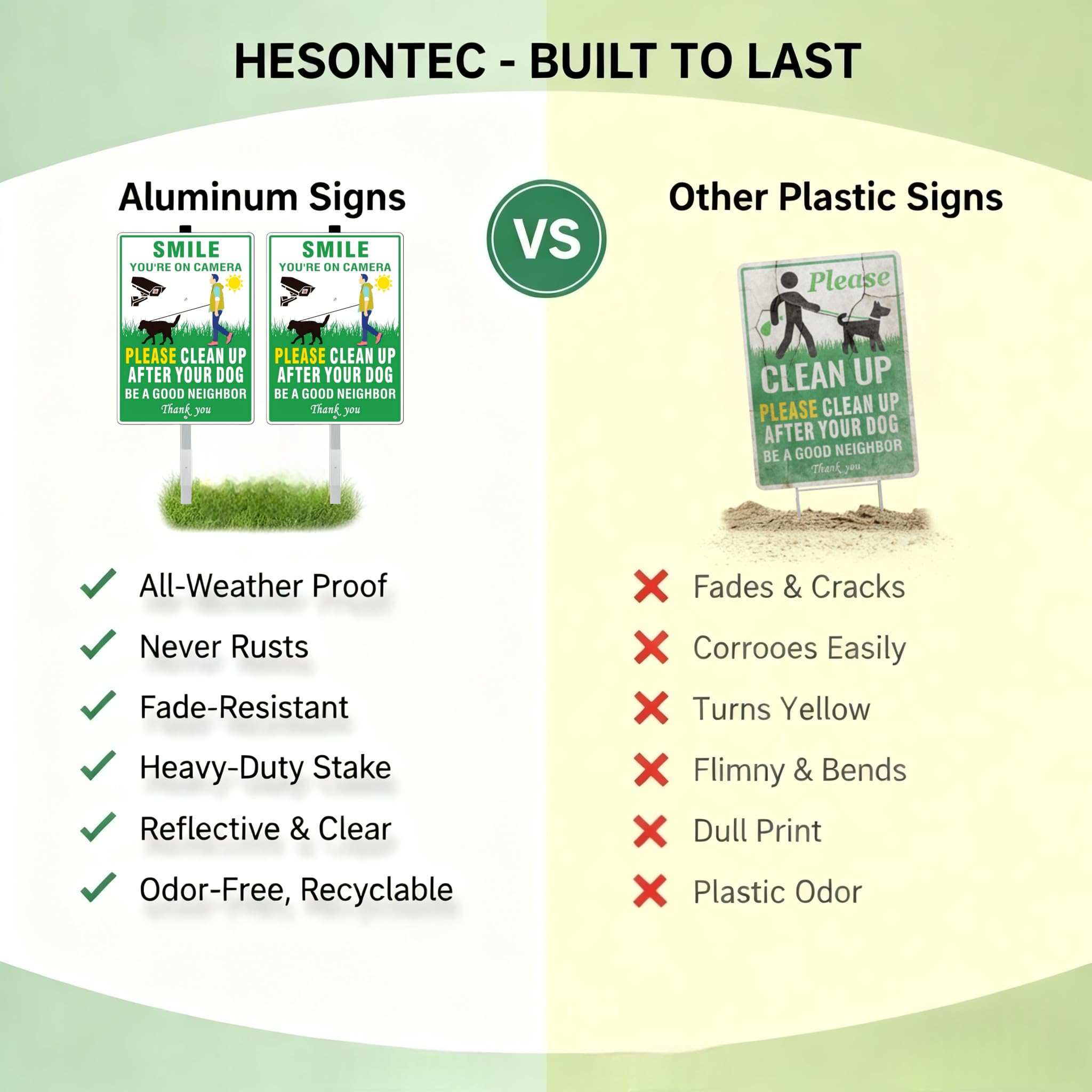 HESONTEC Clean Up After Your Dog sign weatherproof material withstands rain and sun.