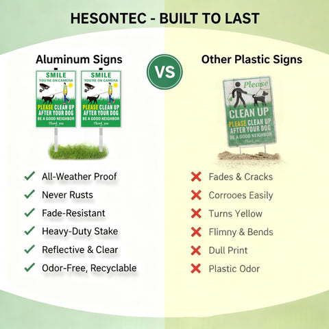 HESONTEC Clean Up After Your Dog sign weatherproof material withstands rain and sun.